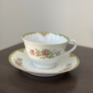 Sango China Cup Saucer Floral Green‎ Gold Rim Vintage Victorian Pattern